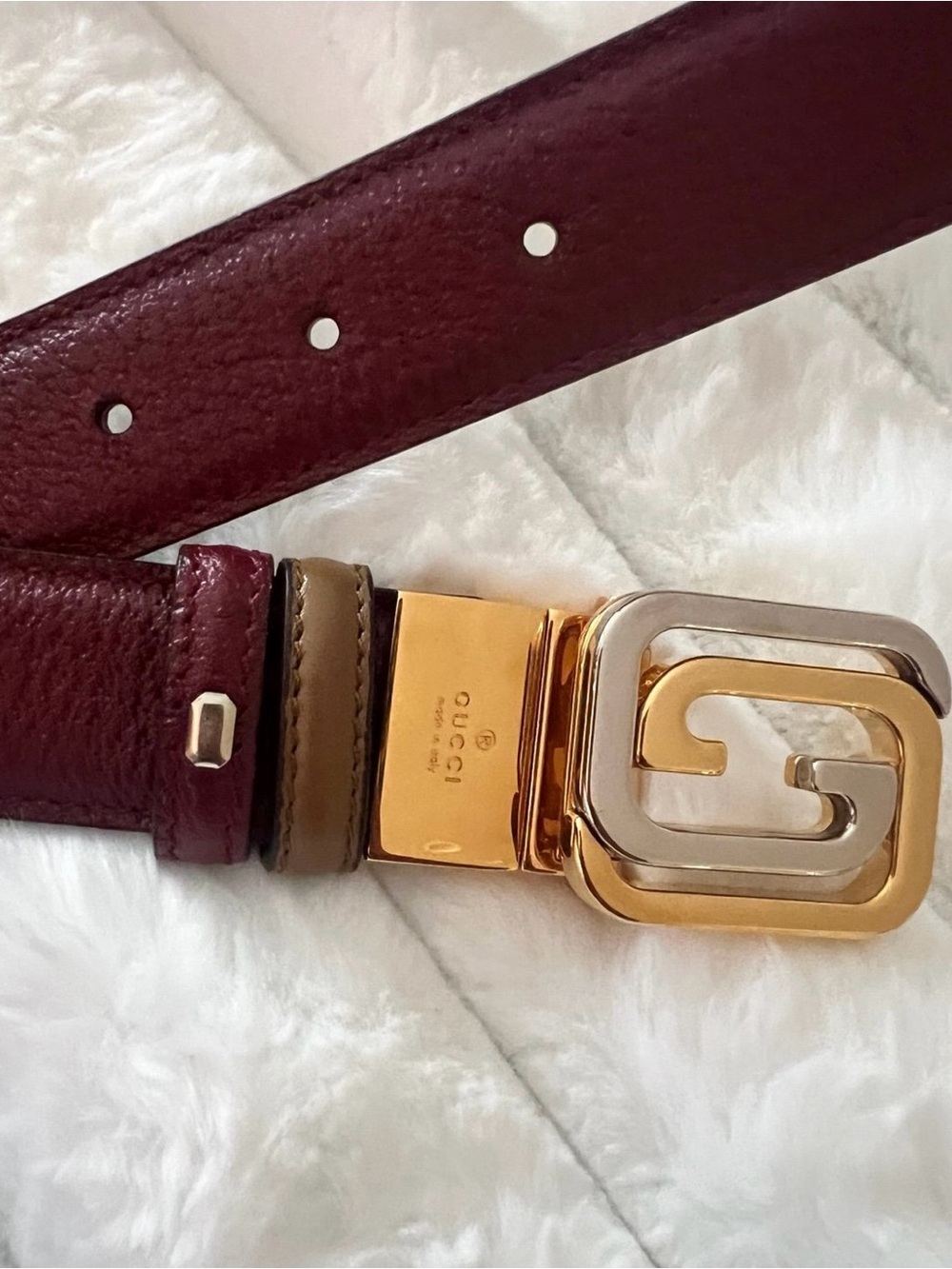 Gucci Burgundy Leather Belt with Gold & Silver Interlocking G Buckle